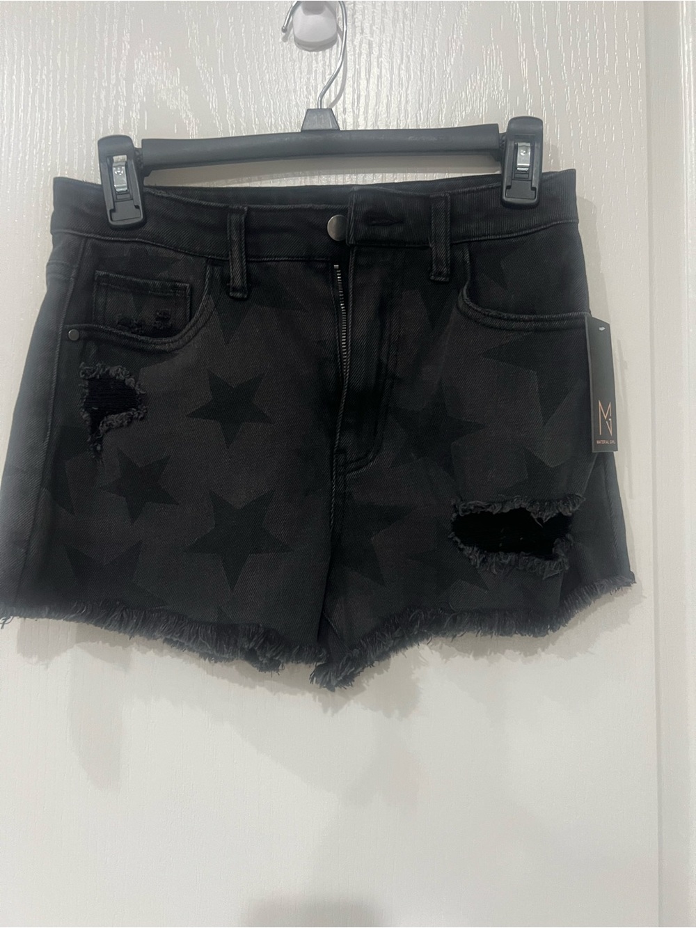 Material Girl Black Star-Print Distressed Denim Shorts